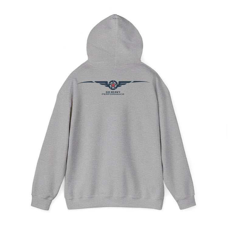 A light gray heather pullover hoodie shown from the back, featuring a small US Navy PENTAGON winged emblem printed in navy, red, and white on the upper back.