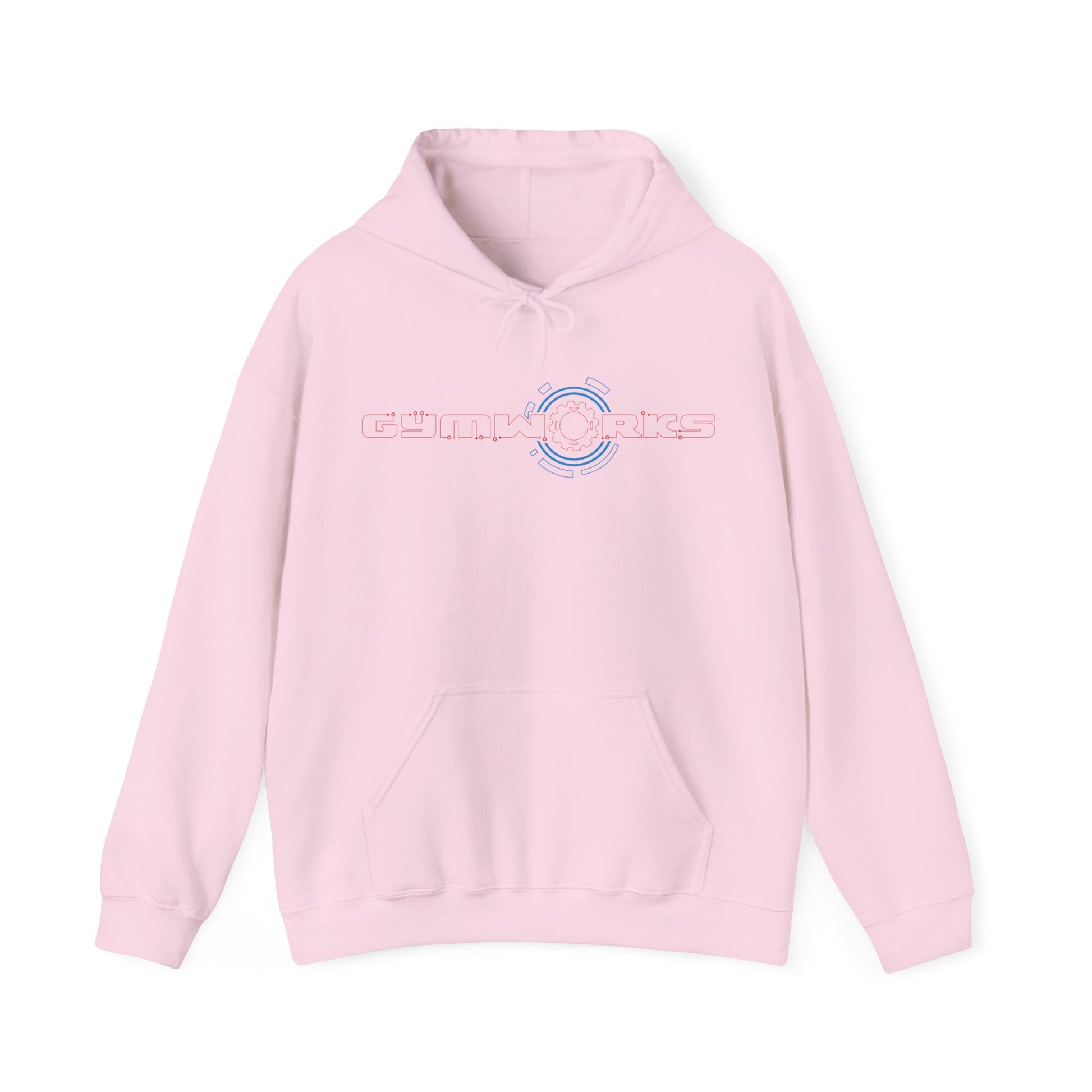 Pink Gymworks hoodie with text 'life is better with jesus & dogs' on a white background