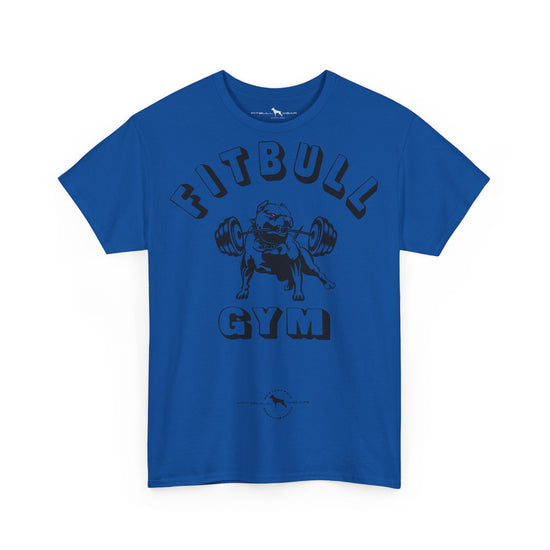 Blue fitness t-shirt with 'Fitbull Gym' graphic on a white background