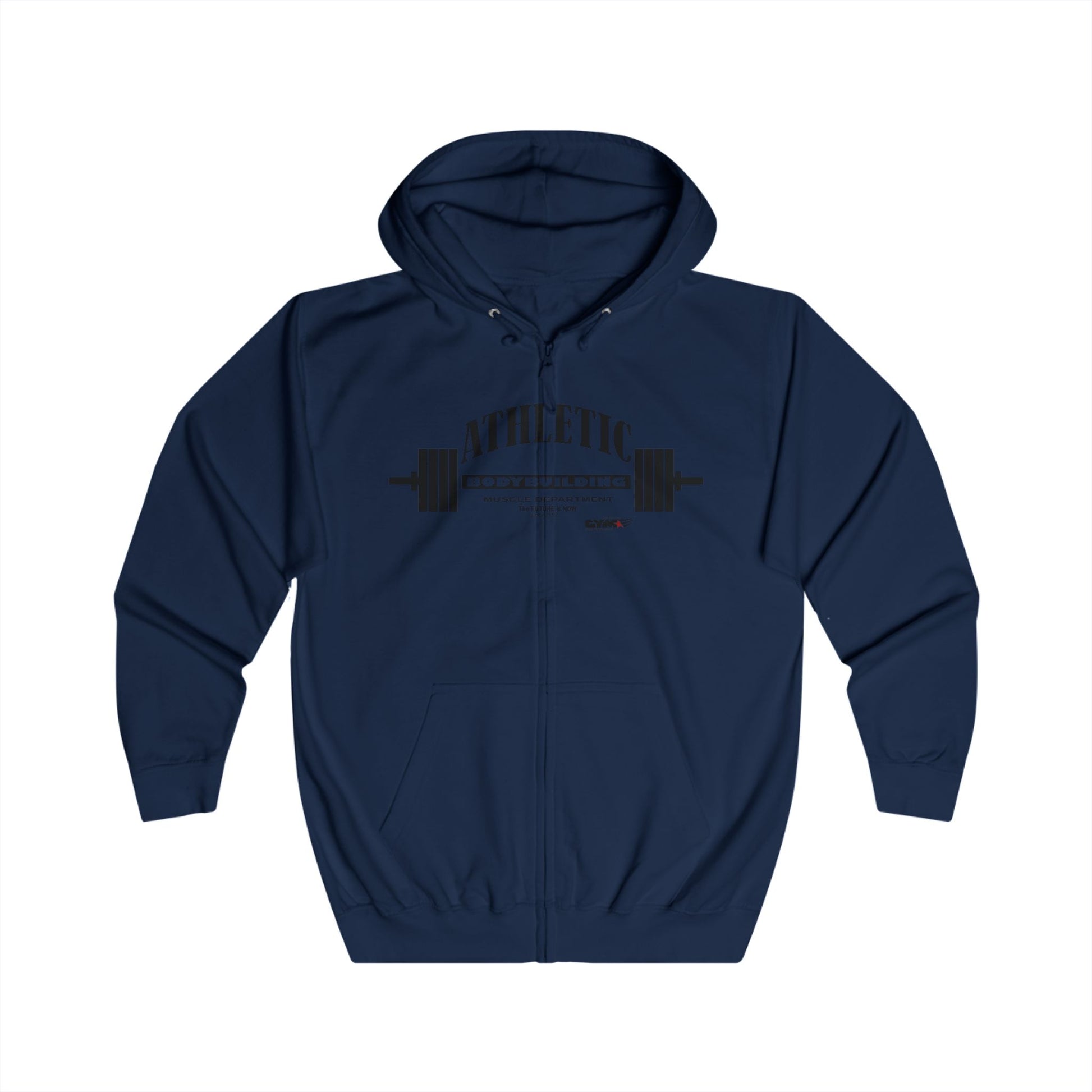 Navy blue Gymstar hoodie with 'FORGIVEN' text on a white background