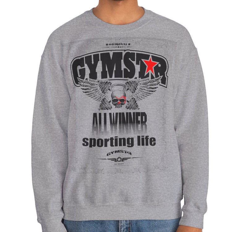 Person wearing a gray sweatshirt with 'Gymstar' branding on a white background