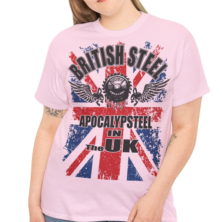 A woman modeling a light pink graphic t-shirt with a distressed Union Jack design and the text 'BRITISH STEEL' and 'APOCALYPSTER! IN THE UK'.