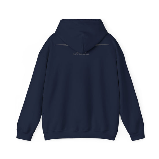 A navy blue pullover hoodie shown from the back, photographed flat against a solid white background.