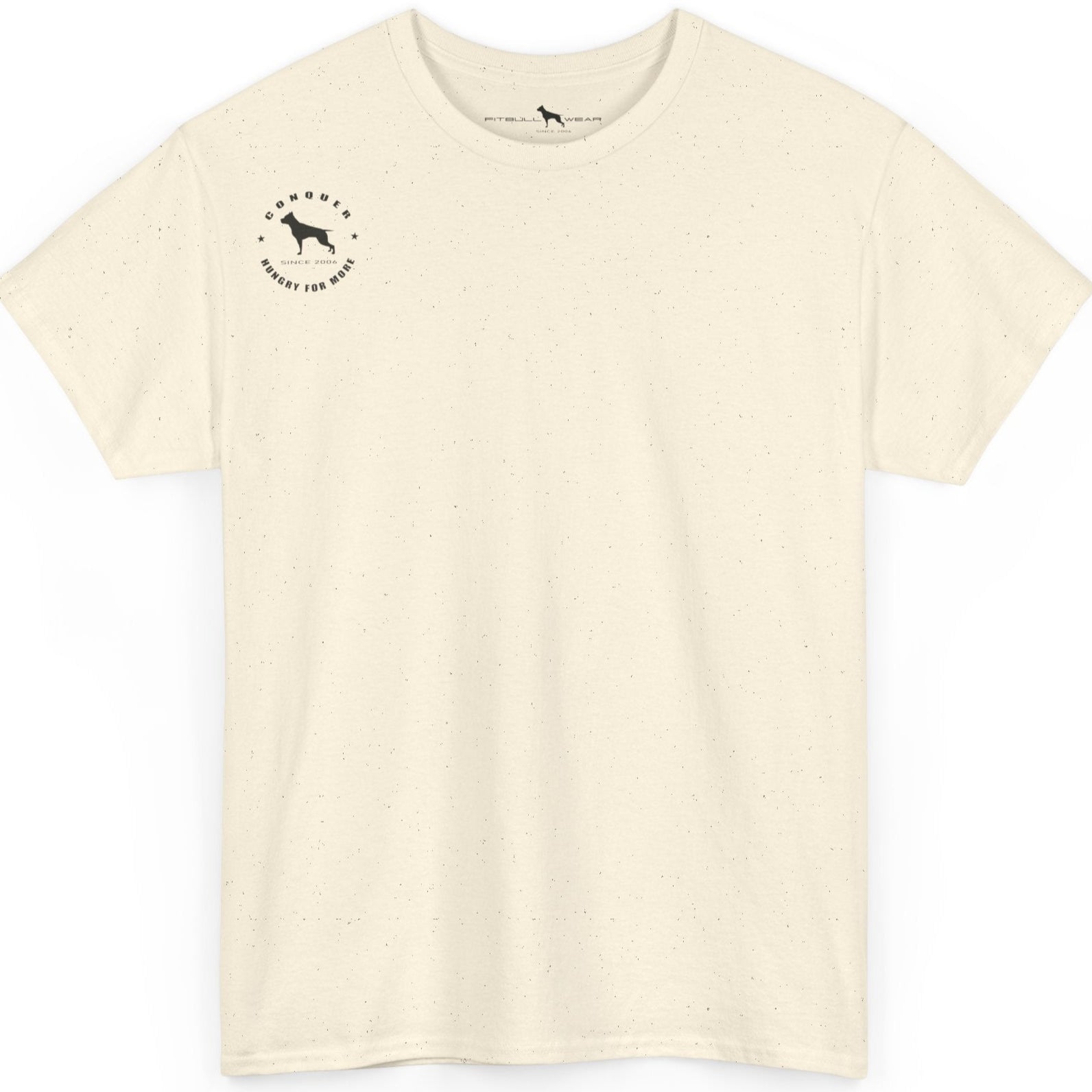 Beige t-shirt with a small logo on the chest against a white background