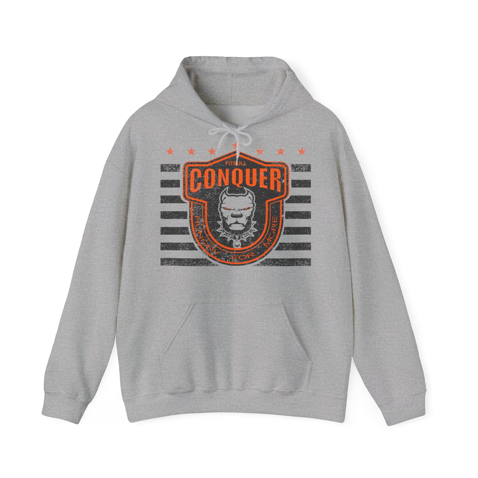 Gray Fitbull hoodie with 'Conquer' graphic design on a white background
