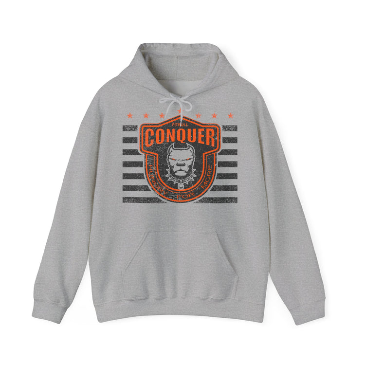 Gray Fitbull hoodie with 'Conquer' graphic design on a white background