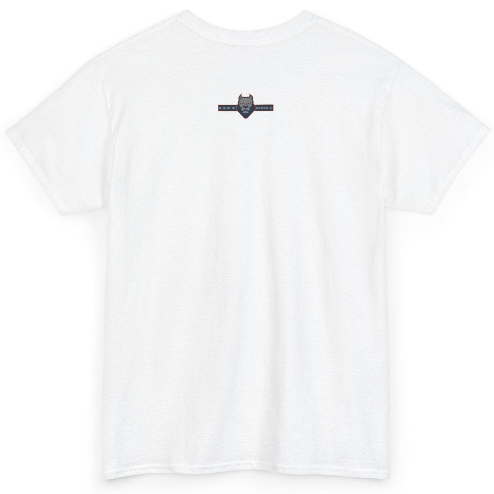White t-shirt with a small logo on the back against a white background
