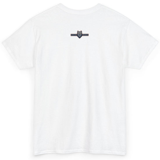 White t-shirt with a small logo on the back against a white background