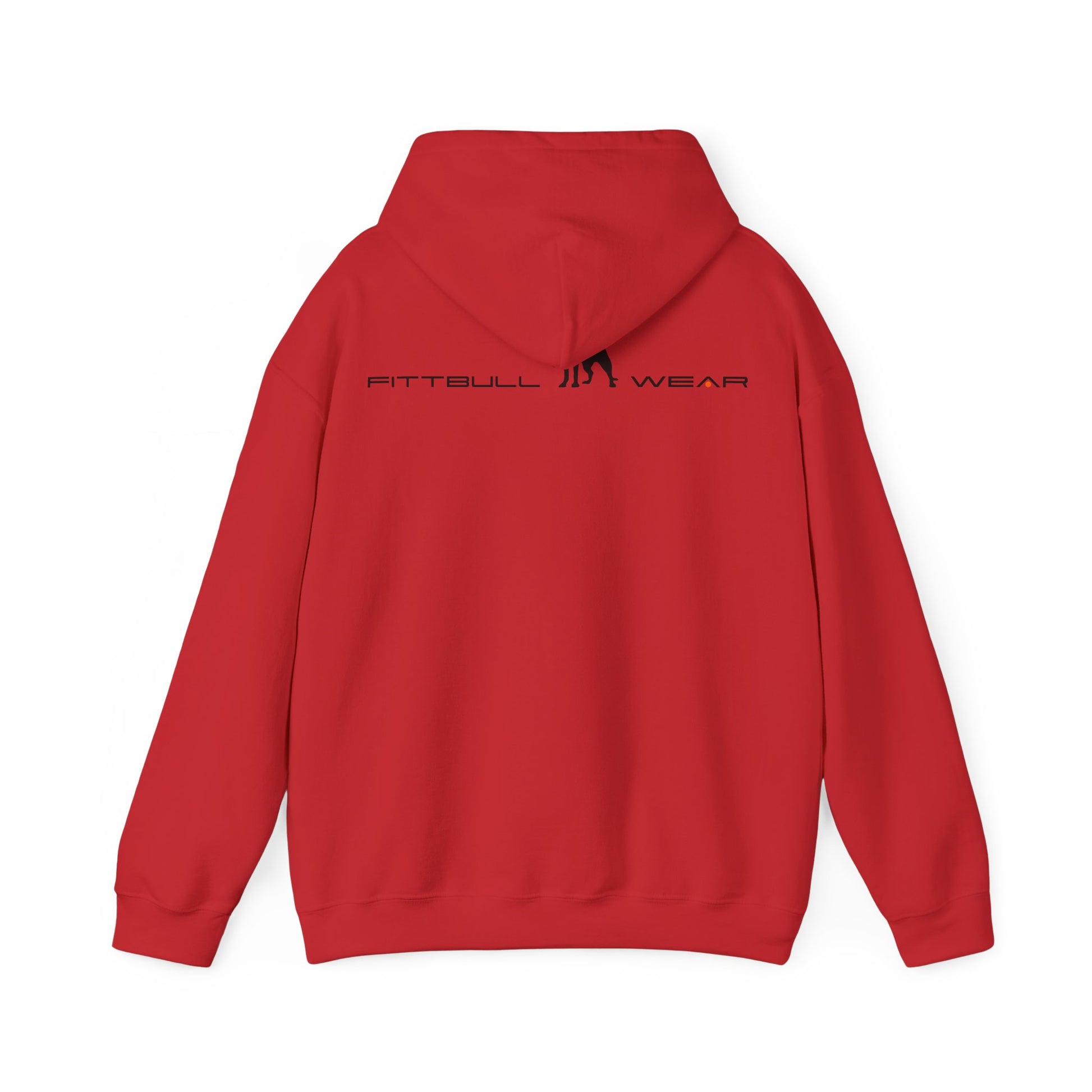 Red back hoodie with 'FITBULL' movational fitness design.
