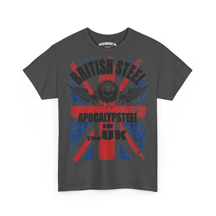 A dark gray crewneck t-shirt featuring a distressed graphic of the Union Jack in red and blue, with a skull and wings in the center. Arching text above reads 'BRITISH STEEL' and text below reads 'APOCALYPSESTEEL IN THE UK'.