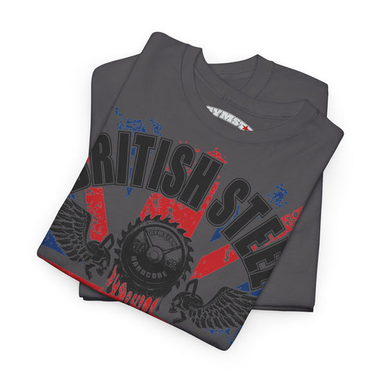 A folded dark gray t-shirt with a distressed graphic print featuring the words 'BRITISH STEEL' in black over a red and blue distressed background, with a circular saw gear and winged skull design.