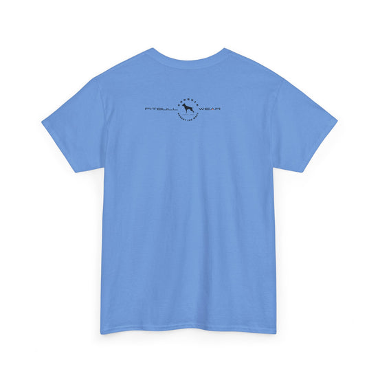 Light blue fitness FITBULL t-shirt with a logo on the back against a white background