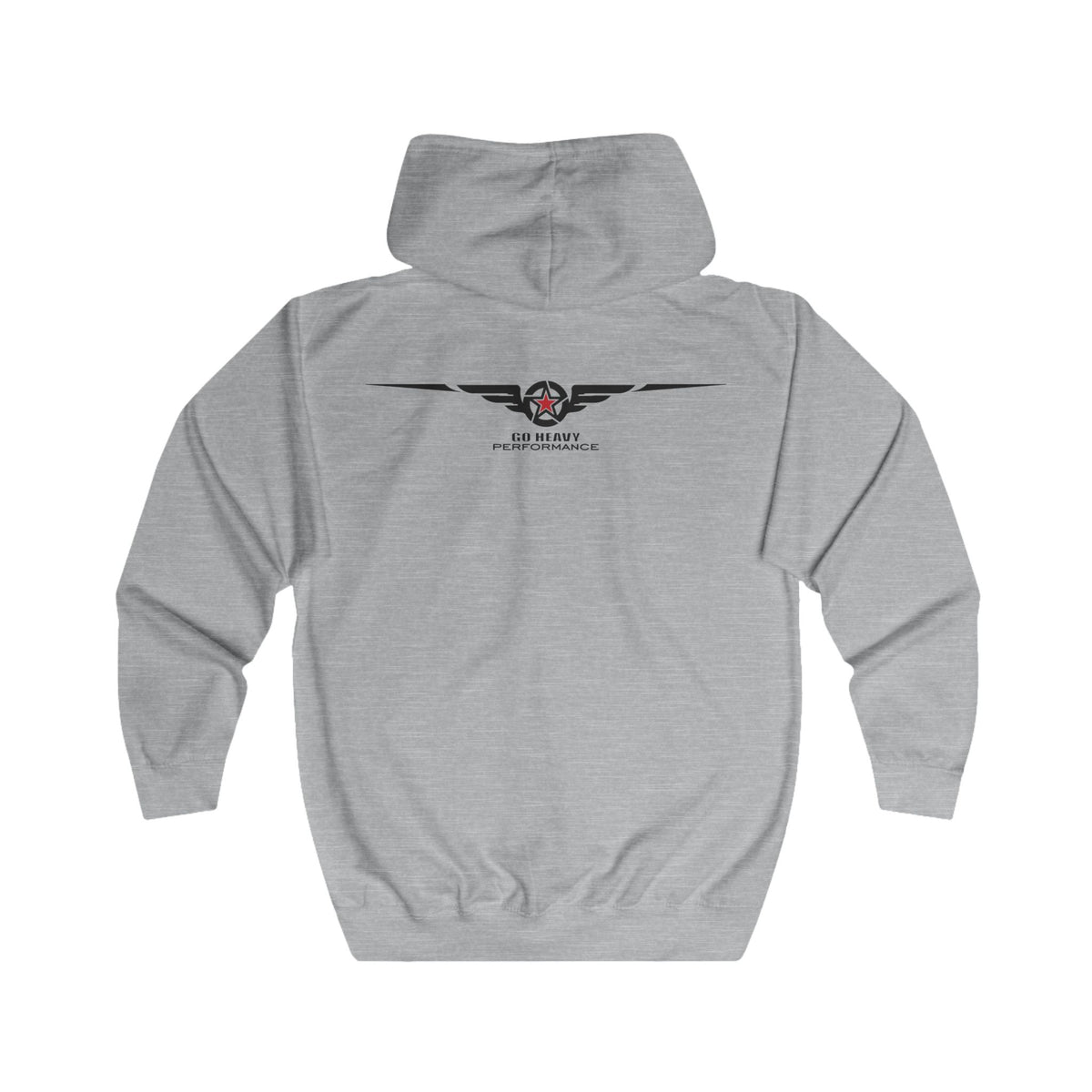 Gray hoodie with 'Print it your way' text on the back against a white background
