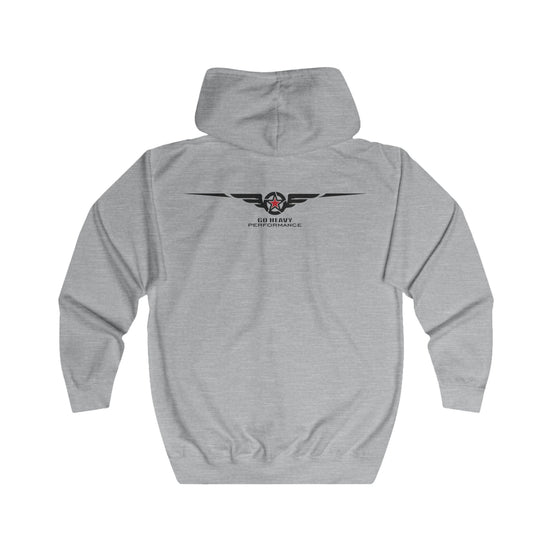 Gray hoodie with 'Print it your way' text on the back against a white background