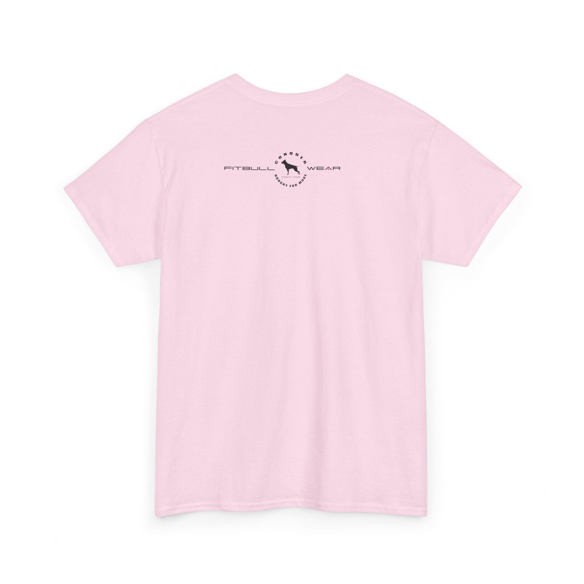 Pink fitness FITBULL  t-shirt with a logo on the back against a white background
