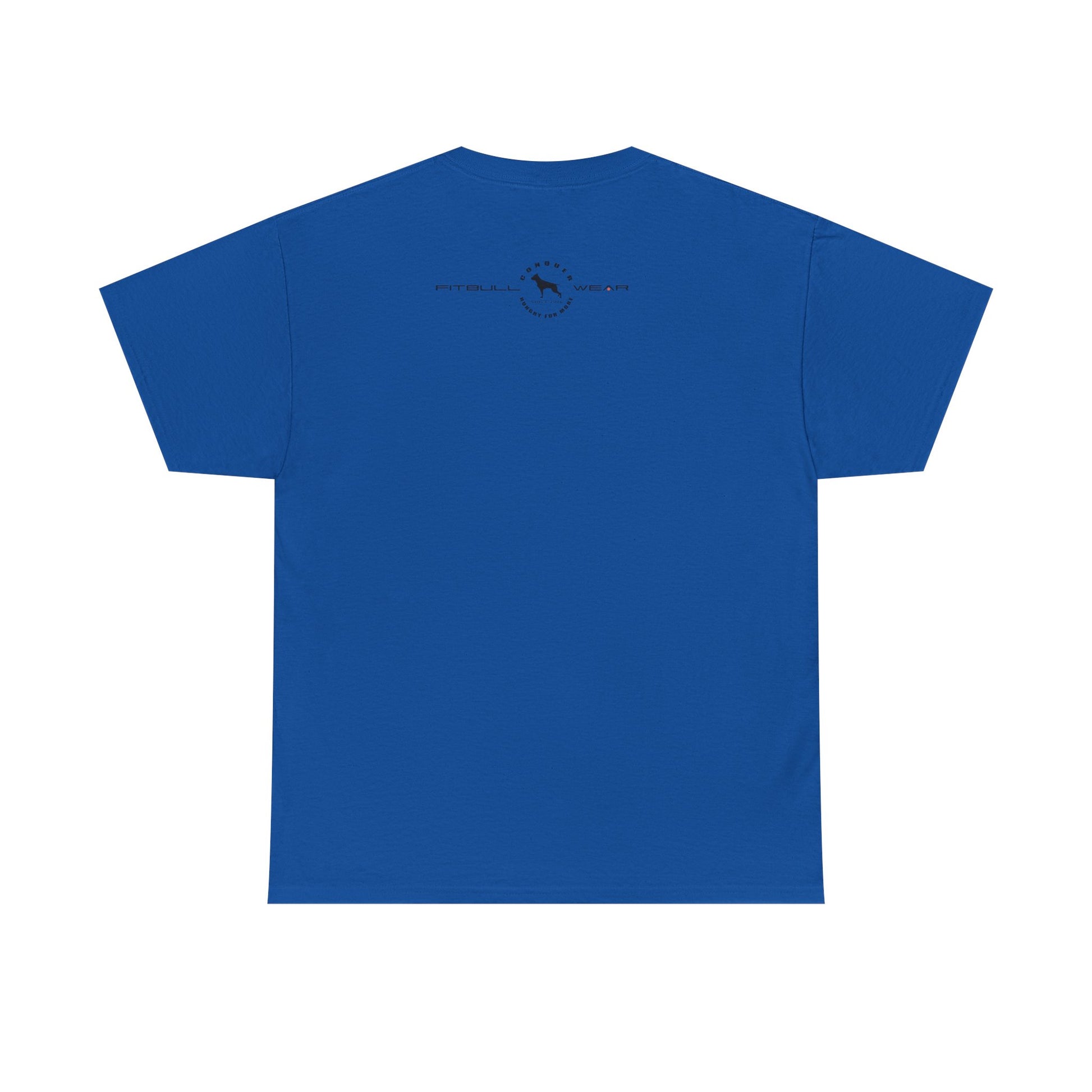 Blue fitness FITBULL t-shirt with a small logo on the back against a white background