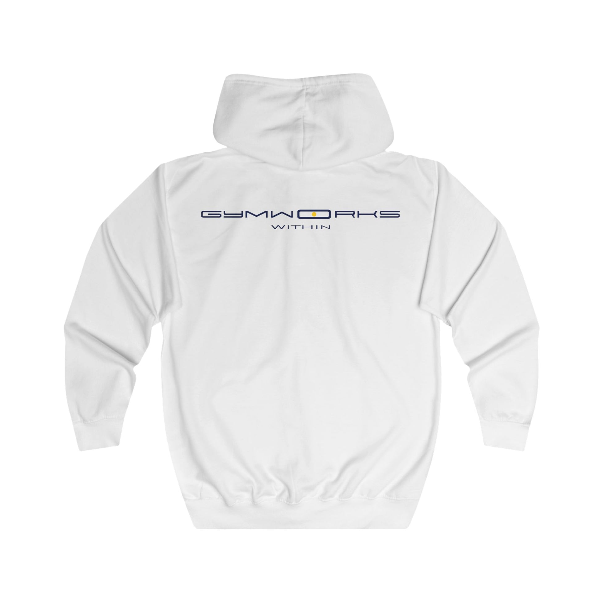 White Gymworks hoodie with a small black logo on the chest against a white background
