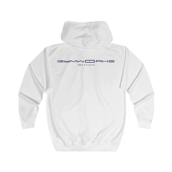White Gymworks hoodie with a small black logo on the chest against a white background