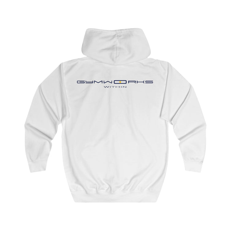 White Gymworks hoodie with a small black logo on the chest against a white background