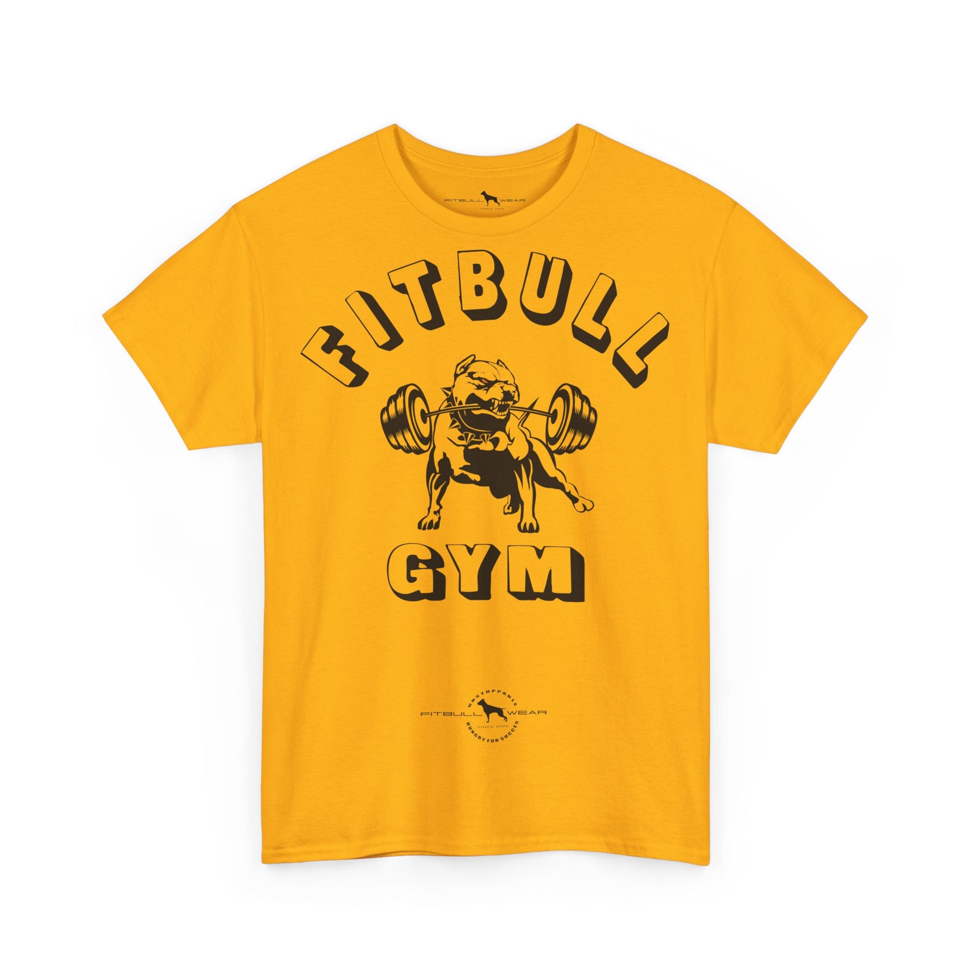 Yellow fitnesst-shirt with 'Fitbull Gym' graphic on a white background