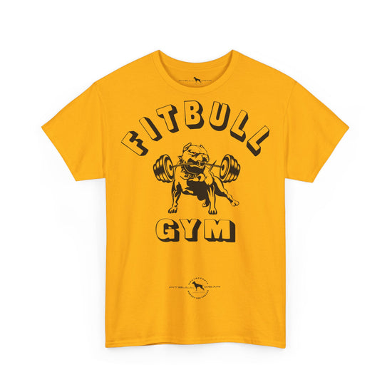 Yellow fitnesst-shirt with 'Fitbull Gym' graphic on a white background