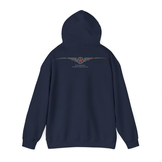 Navy blue hoodie with 'FOCUS' text on the back against a white background