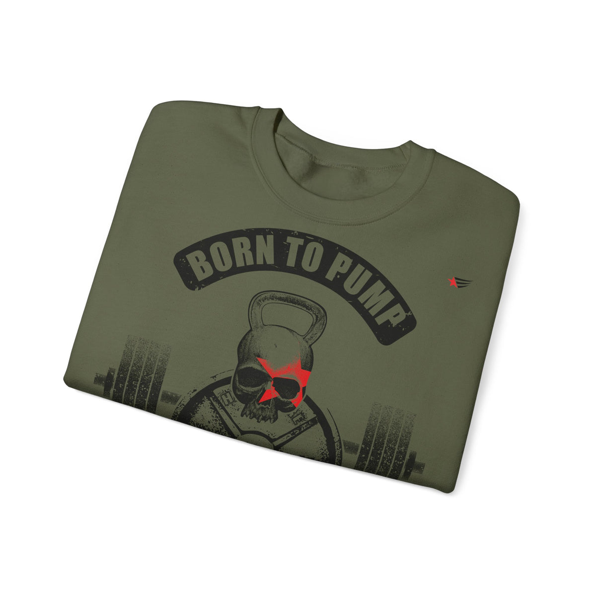 An olive green crewneck t-shirt with a graphic print of a skull wearing sunglasses, a kettlebell, and a barbell, with the text 'BORN TO PUMP' arched above. The shirt is shown folded on a plain white background.