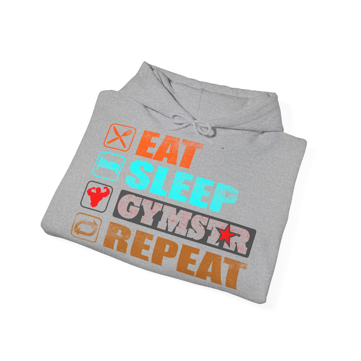 A folded heather gray hoodie on a white background, featuring a colorful graphic print that reads 'EAT SLEEP GYMSET REPEAT' with small fitness-themed icons.
