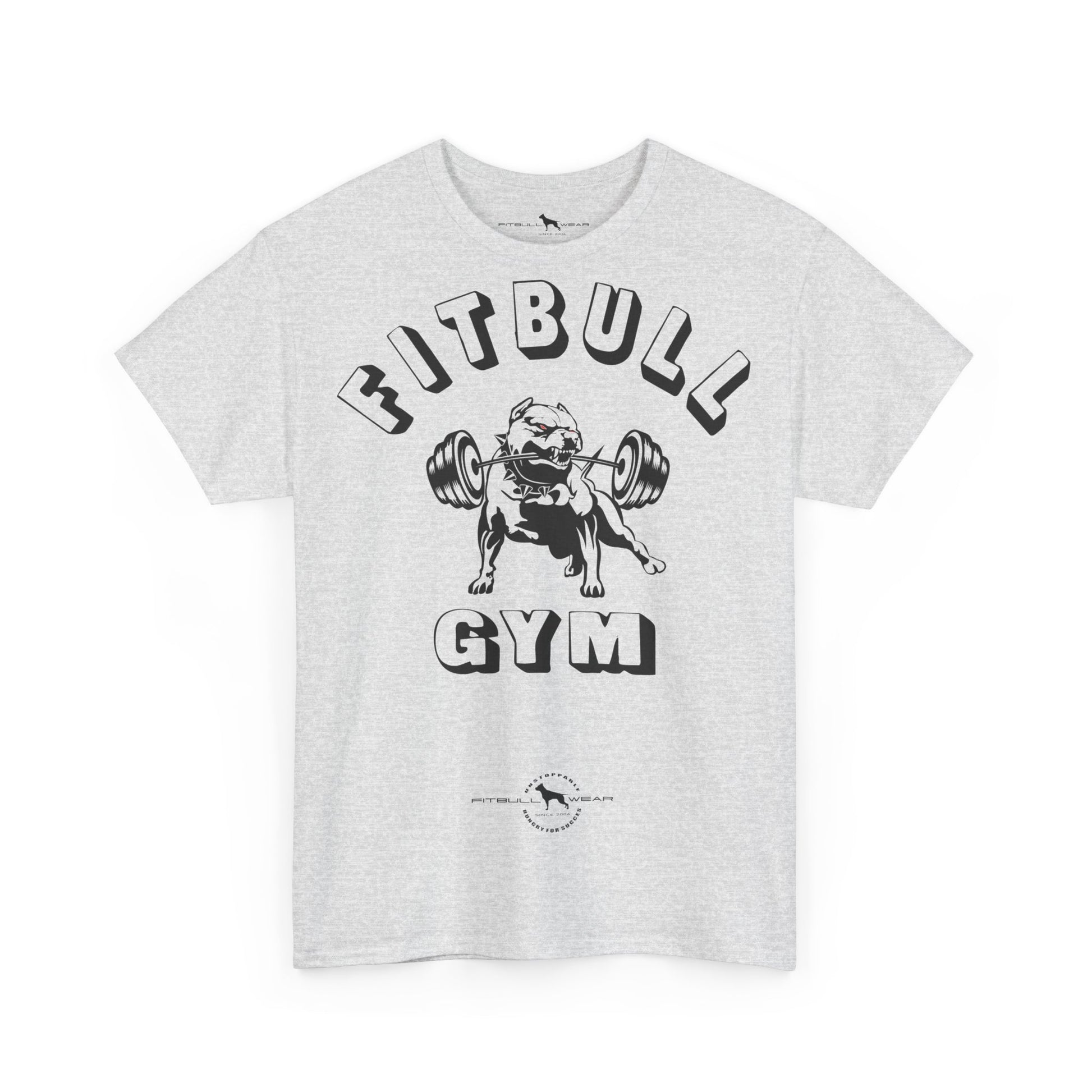 Gray fitness t-shirt with 'Fitbull Gym' graphic design featuring a bulldog lifting weights on a white background.