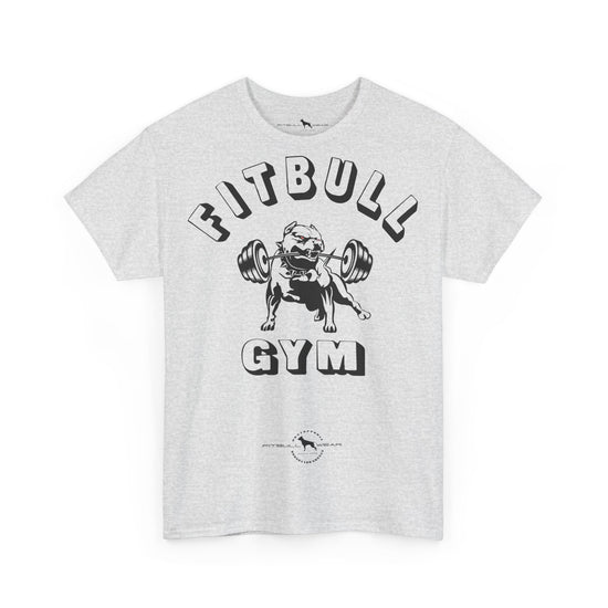 Gray fitness t-shirt with 'Fitbull Gym' graphic design featuring a bulldog lifting weights on a white background.