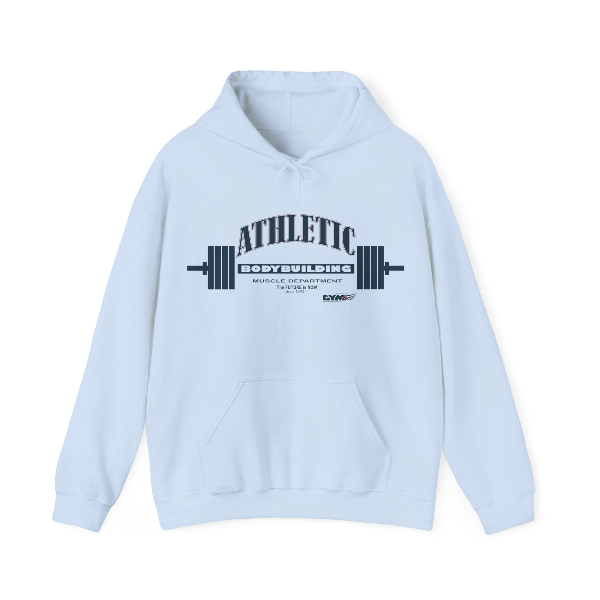 Light blue Gymstar Athletic hoodie with 'Athletic' text and barbell graphic on a white background