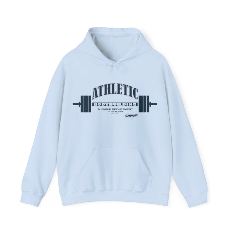 Light blue Gymstar Athletic hoodie with 'Athletic' text and barbell graphic on a white background