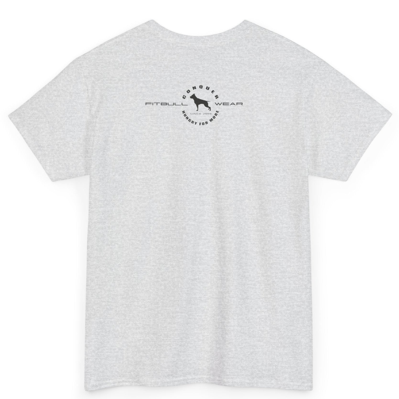 White t-shirt with a logo on the back against a white background