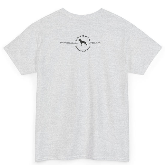 White t-shirt with a logo on the back against a white background