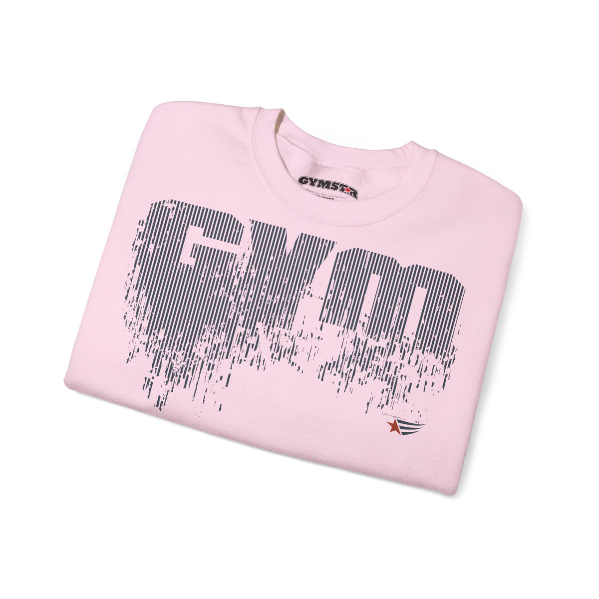 A folded light pink crewneck sweatshirt with a large distressed black 'GYM' graphic on the front, a small red and black logo near the lower right front, and a visible 'GYMSTAR' brand print inside the collar, set against a plain white background.