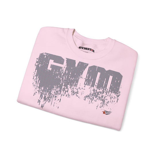 A folded light pink crewneck sweatshirt with a large distressed black 'GYM' graphic on the front, a small red and black logo near the lower right front, and a visible 'GYMSTAR' brand print inside the collar, set against a plain white background.