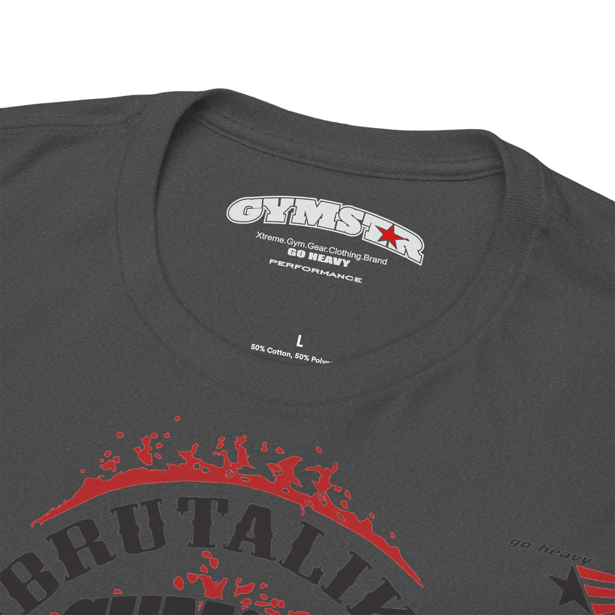 Close-up of a dark gray t-shirt showing the inner neck label with 'GYMSSTAR' and 'GO HEAVY PERFORMANCE' branding, along with the top of a red and black graphic print.
