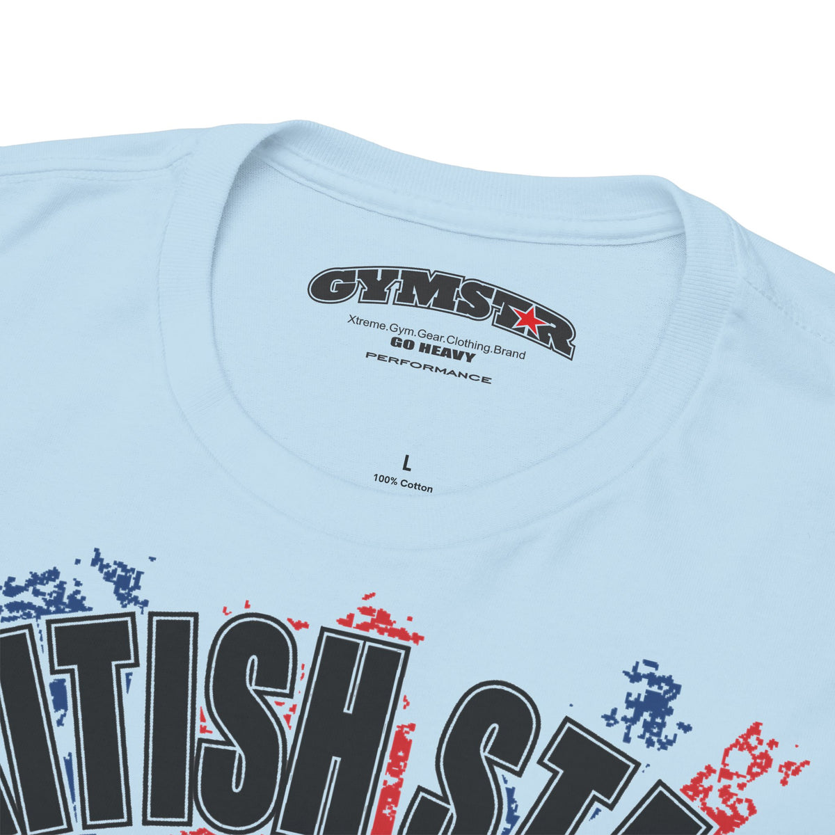 Close-up of a light blue t-shirt collar showing the inner neck print with the brand 'GYMSTAR' and the top of a graphic print in black, red, and blue.