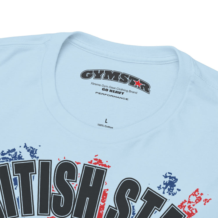 Close-up of a light blue t-shirt collar showing the inner neck print with the brand 'GYMSTAR' and the top of a graphic print in black, red, and blue.