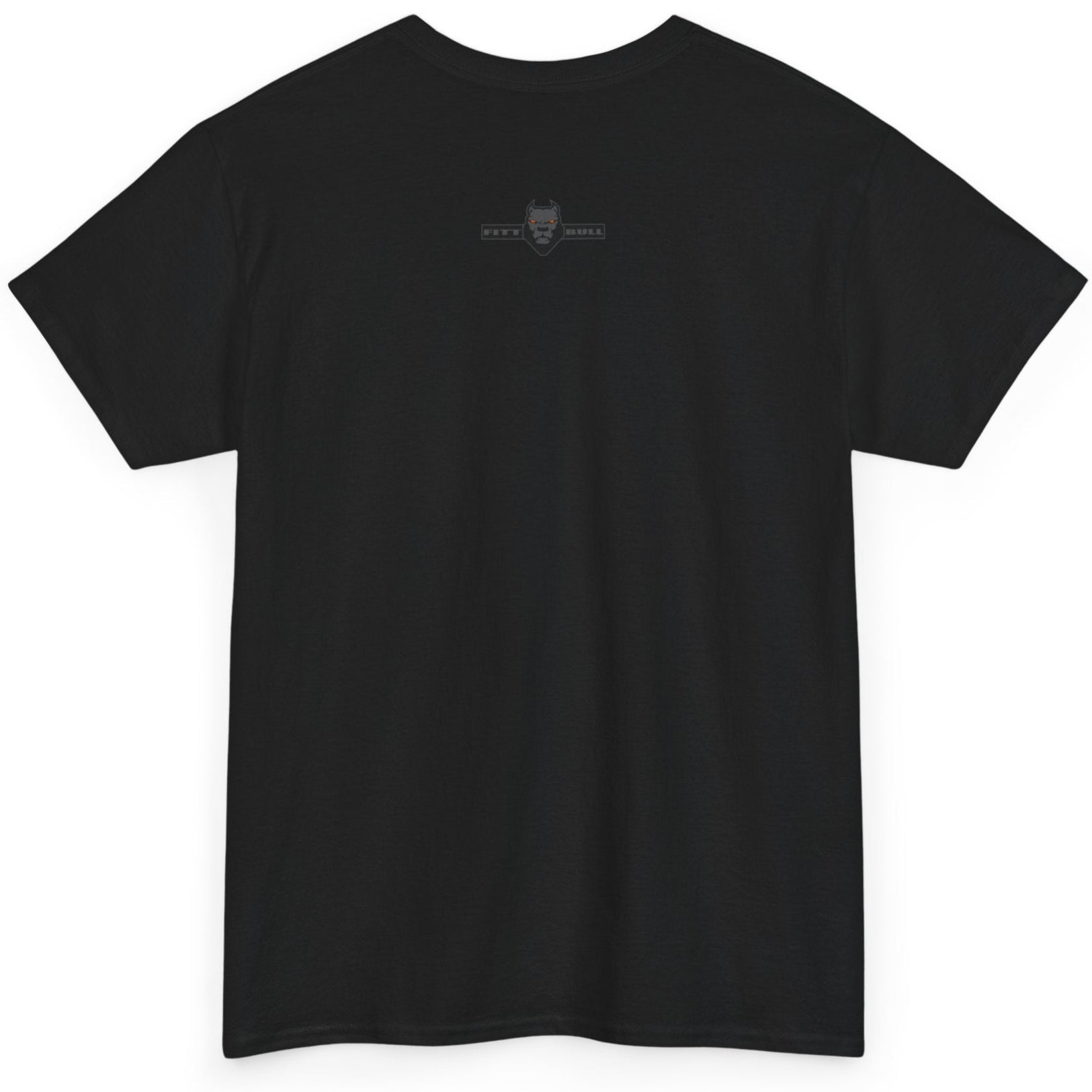 Black t-shirt with a small logo on the back against a white background