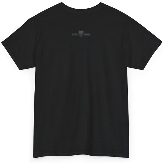 Black t-shirt with a small logo on the back against a white background