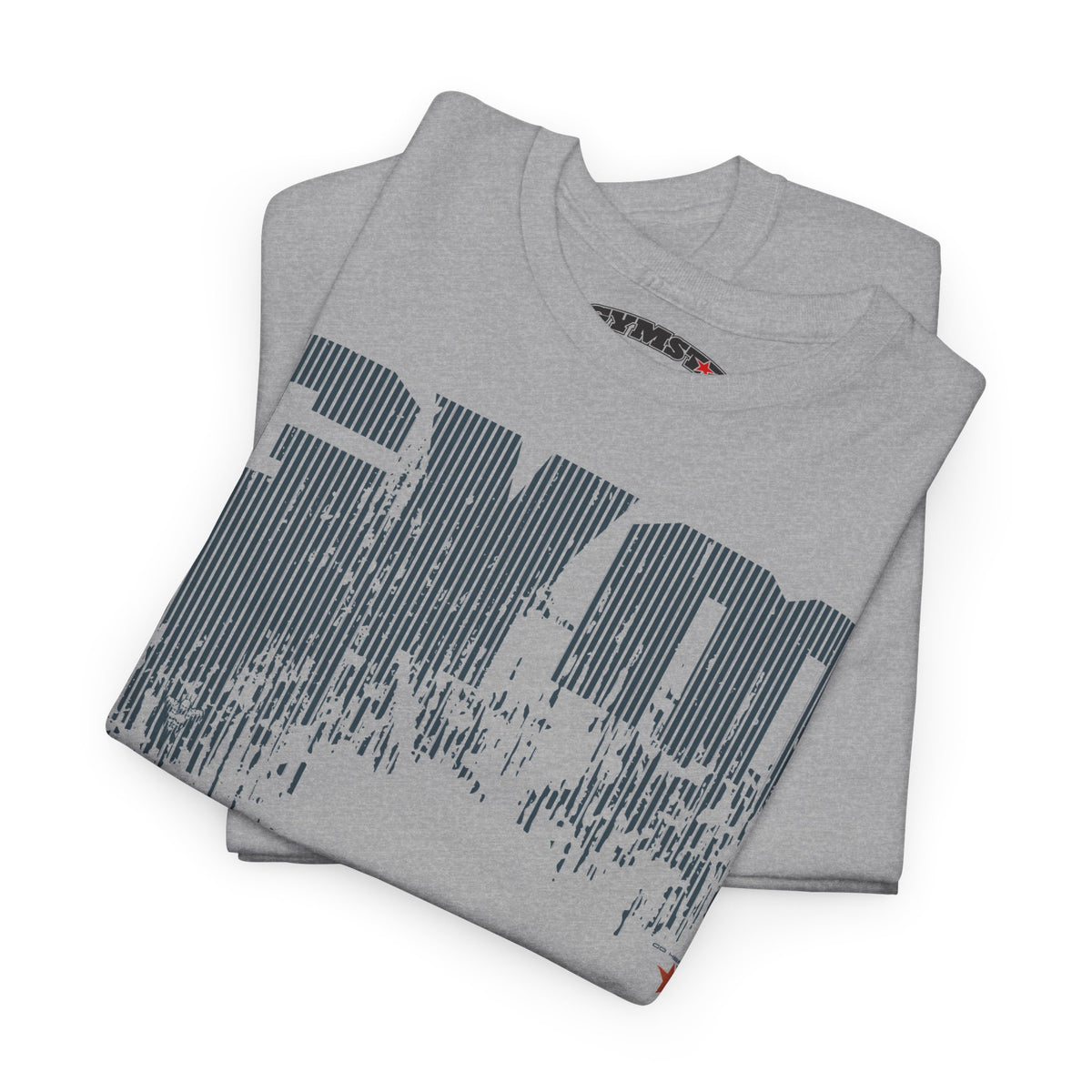 A folded light gray crewneck t-shirt with a distressed dark gray graphic print of the word 'EVOL' on the front, displayed on a clean white background.