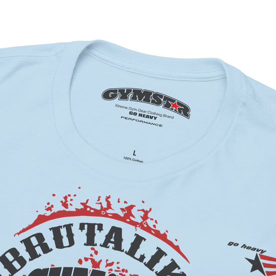 Close-up of a light blue t-shirt collar showing the inner neck print with the brand 'GYMSTAR' and 'GO HEAVY', alongside size 'L' and '100% Cotton'. The lower portion of the shirt features a red and black graphic with the word 'BRUTALITY'.