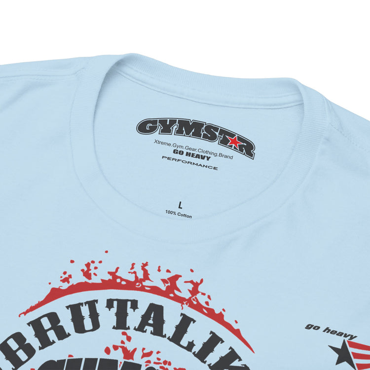 Close-up of a light blue t-shirt collar showing the inner neck print with the brand 'GYMSTAR' and 'GO HEAVY', alongside size 'L' and '100% Cotton'. The lower portion of the shirt features a red and black graphic with the word 'BRUTALITY'.