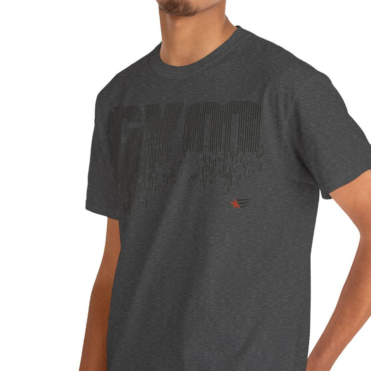 Man wearing a dark gray t-shirt with text on a white background