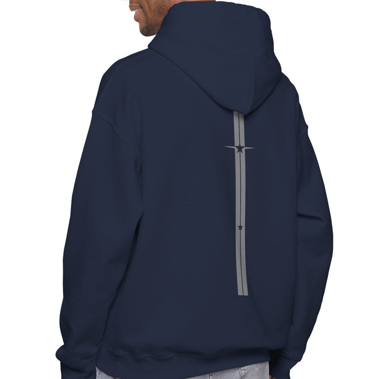 Person wearing a dark gray Gymstar hoodie with 'Never Wave' text on the back, standing against a white background.