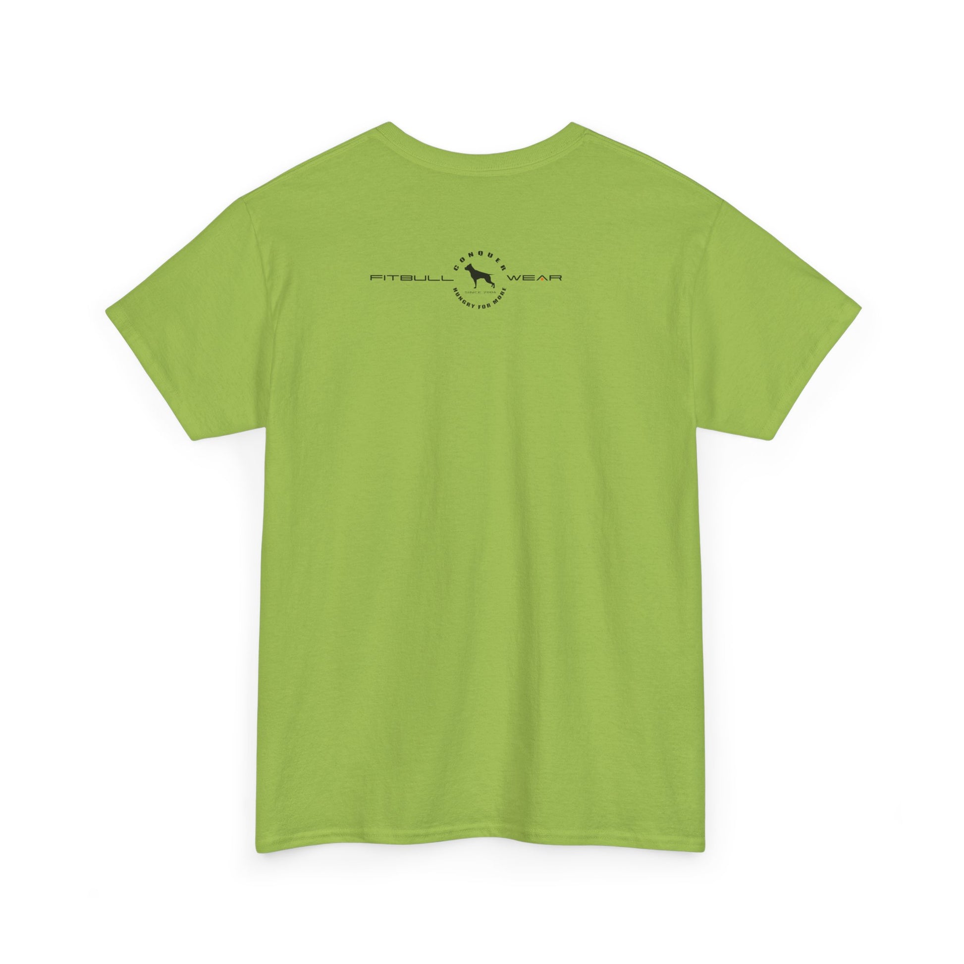 Kiwi Green fitness FITBULL t-shirt with a logo on the back against a white background