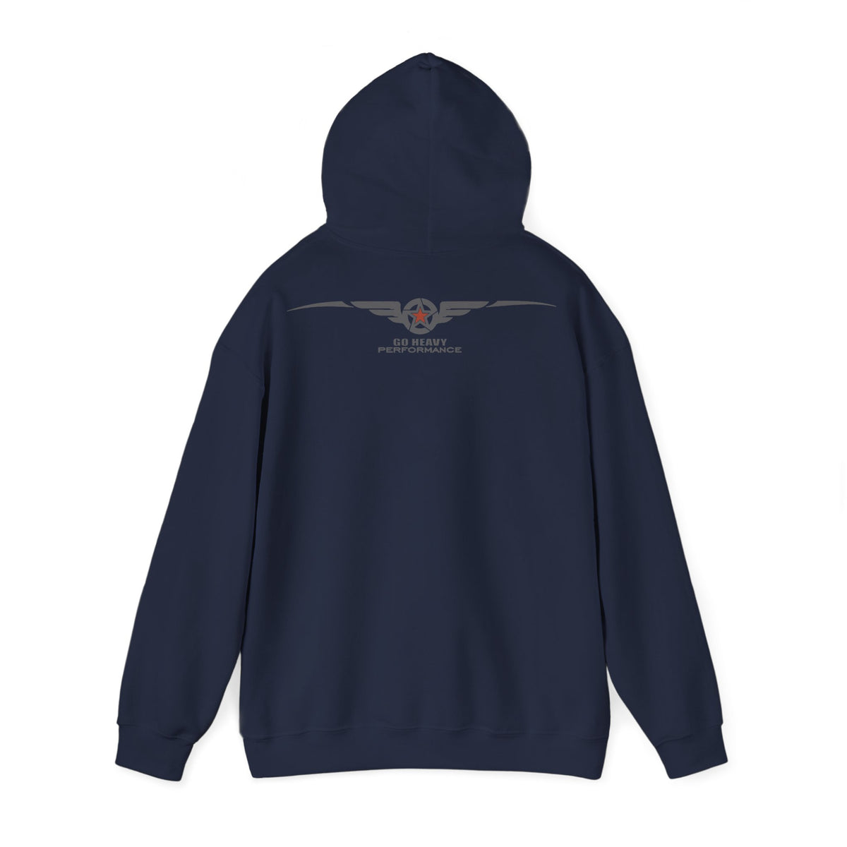 Navy blue hoodie with 'FOCUS' text on the back against a white background