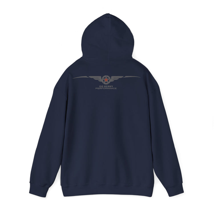 Navy blue hoodie with 'FOCUS' text on the back against a white background