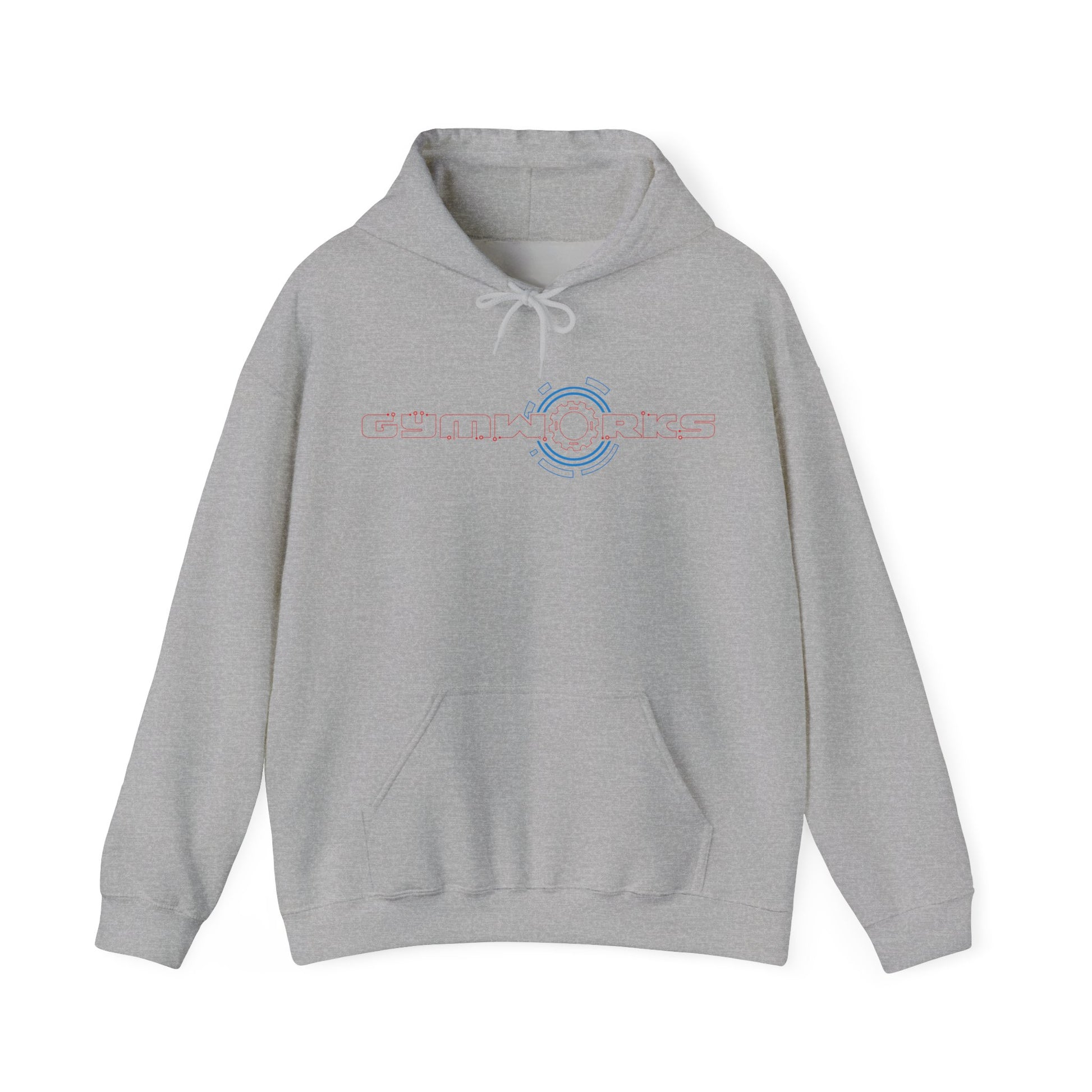 Gray Gymworks hoodie with 'Perfectly Imperfect' text on a white background